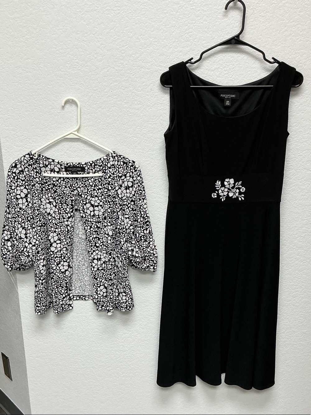 Perceptions Black A-Line Dress with White Floral Waist Embellishment